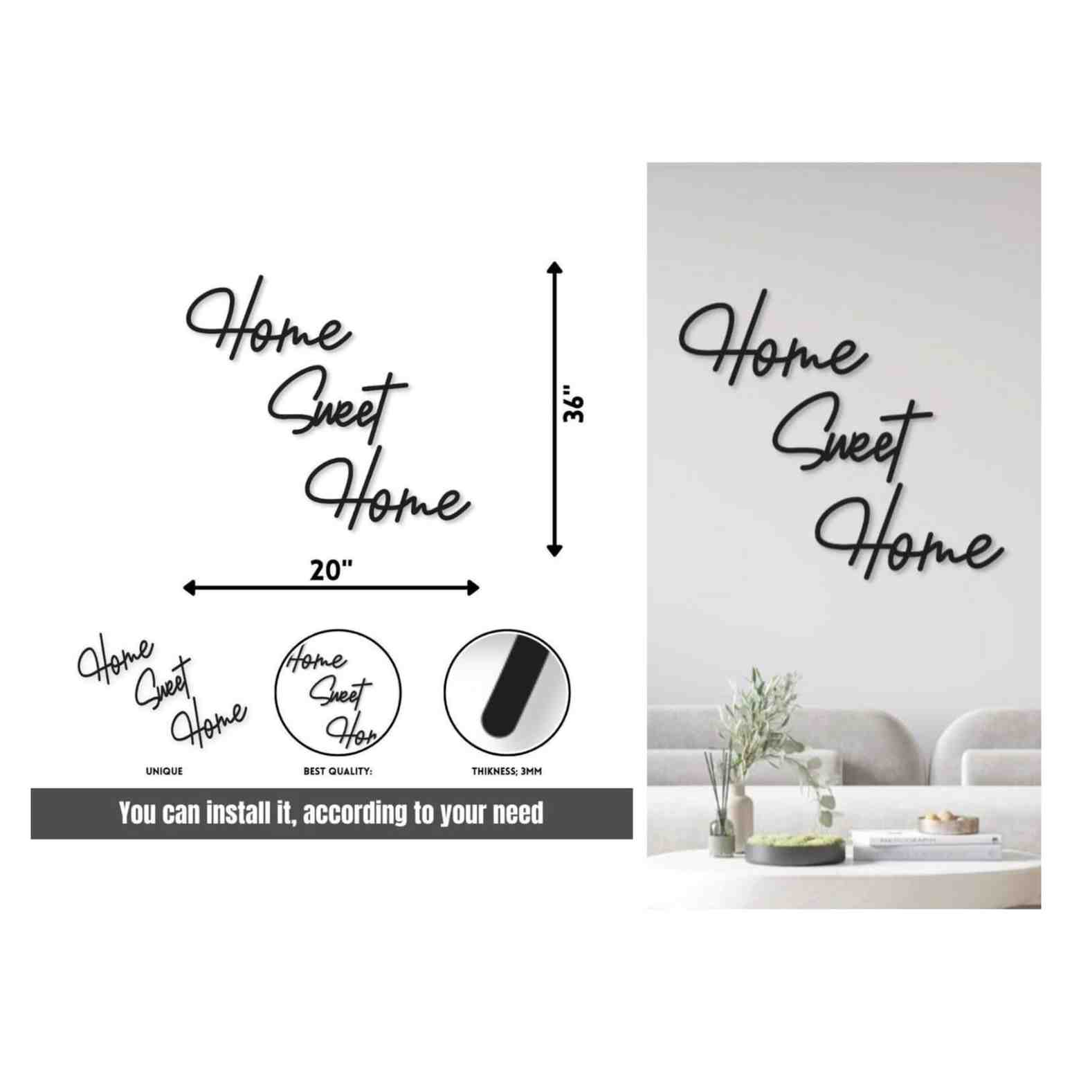 Home Sweet Home Wall Art  36 x 20 Inch Black Chipboard Design
