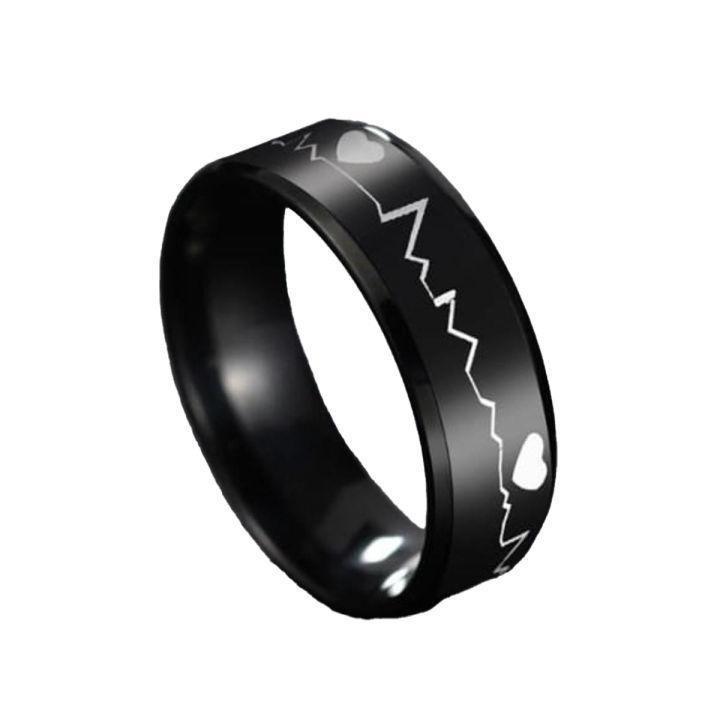 Unique Heartbeat Design Charm Ring – 1 Pc in Black Stainless Steel